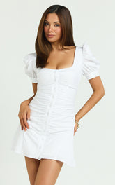 Mya Mini Dress - Scoop Neck Ruched Button Front Puff Sleeve Dress in White